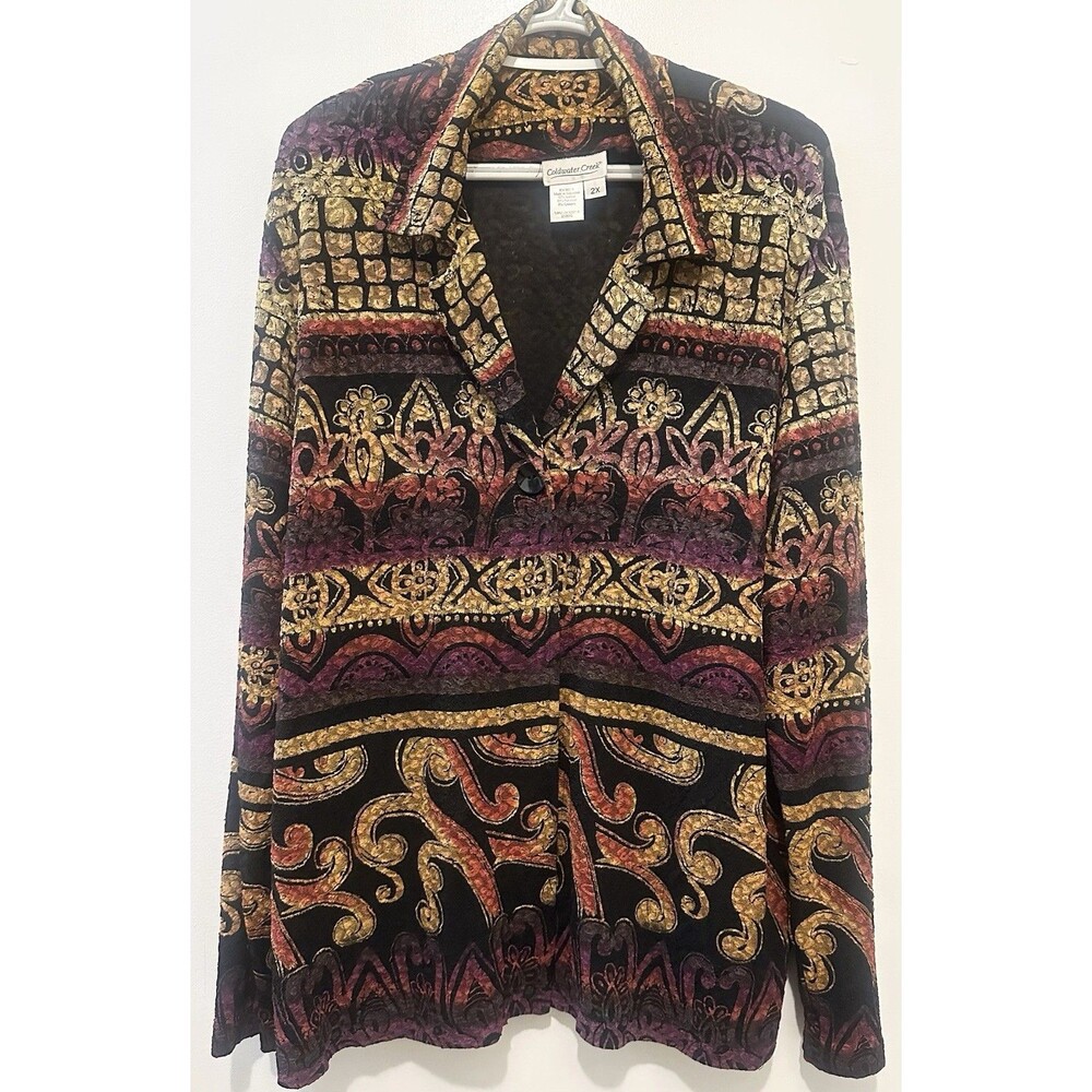 Coldwater Creek Burnout Velvet Top Jacket 2X Paisley Boho Button Front Jeweltone